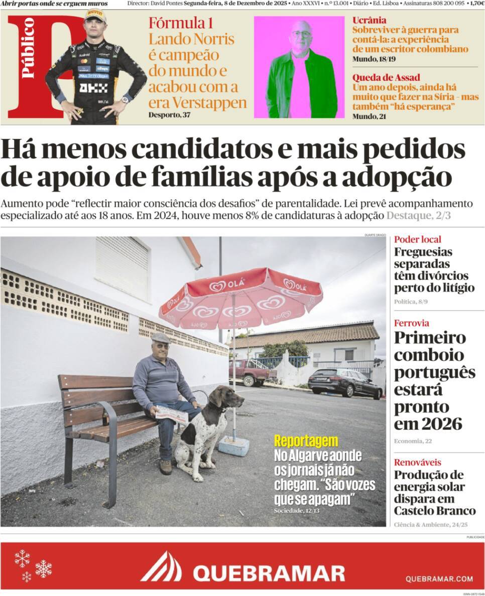 P&uacute;blico: Capa da Edi&ccedil;&atilde;o de segunda-feira, 08 de dezembro 2025