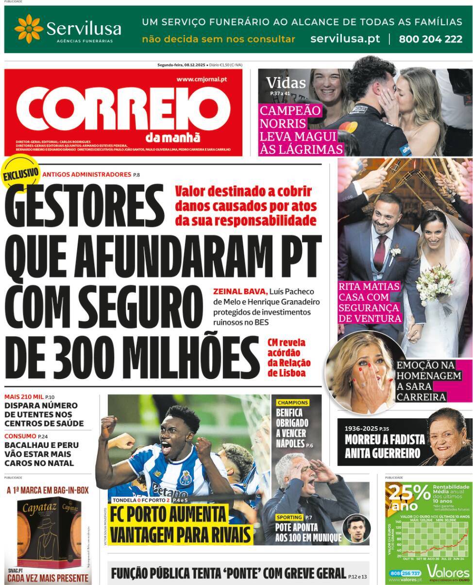 Correio da Manh&atilde;: Capa da Edi&ccedil;&atilde;o de segunda-feira, 08 de dezembro 2025