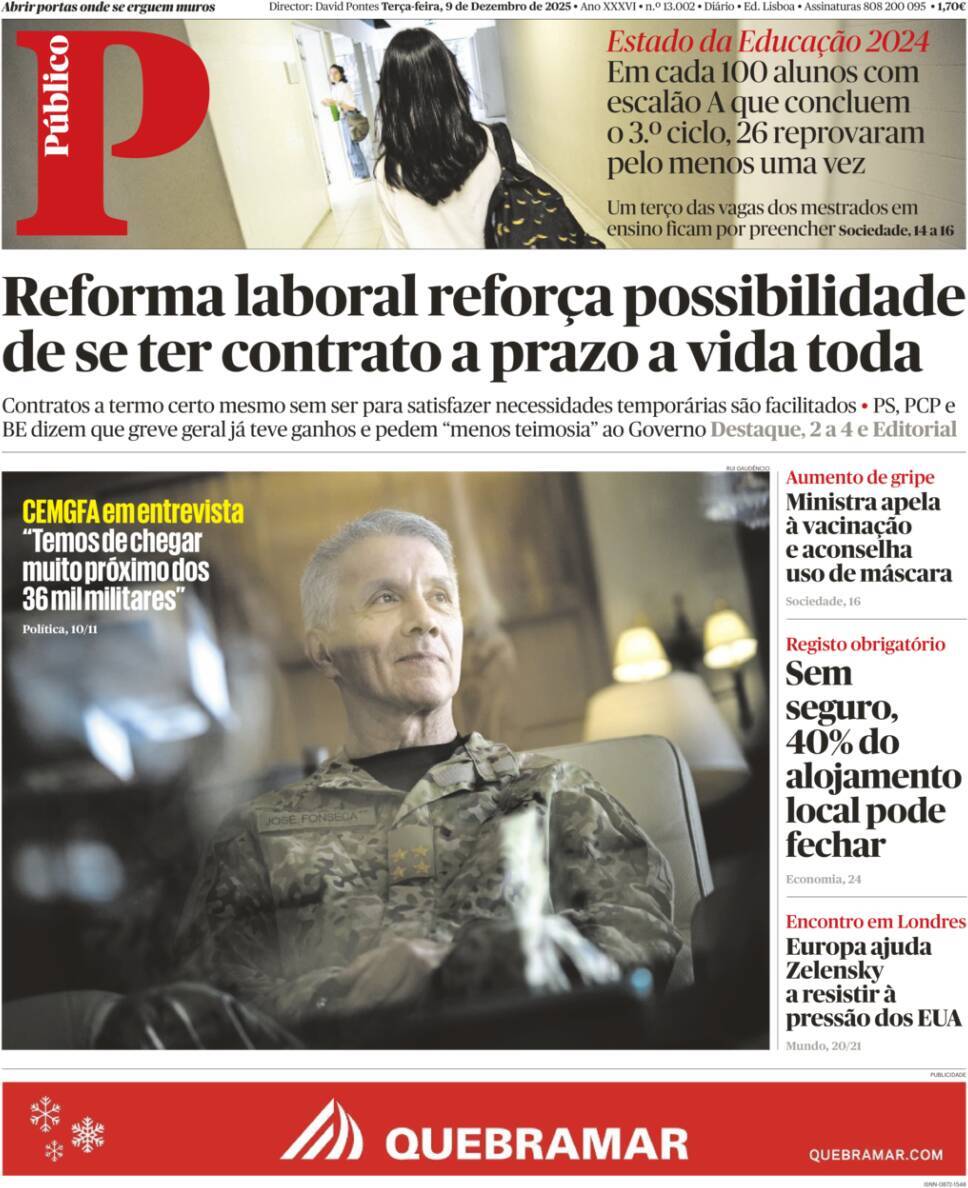 P&uacute;blico: Capa da Edi&ccedil;&atilde;o de ter&ccedil;a-feira, 09 de dezembro 2025