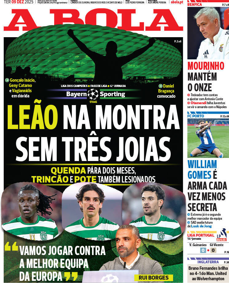 A Bola: Capa da Edi&ccedil;&atilde;o de ter&ccedil;a-feira, 09 de dezembro 2025