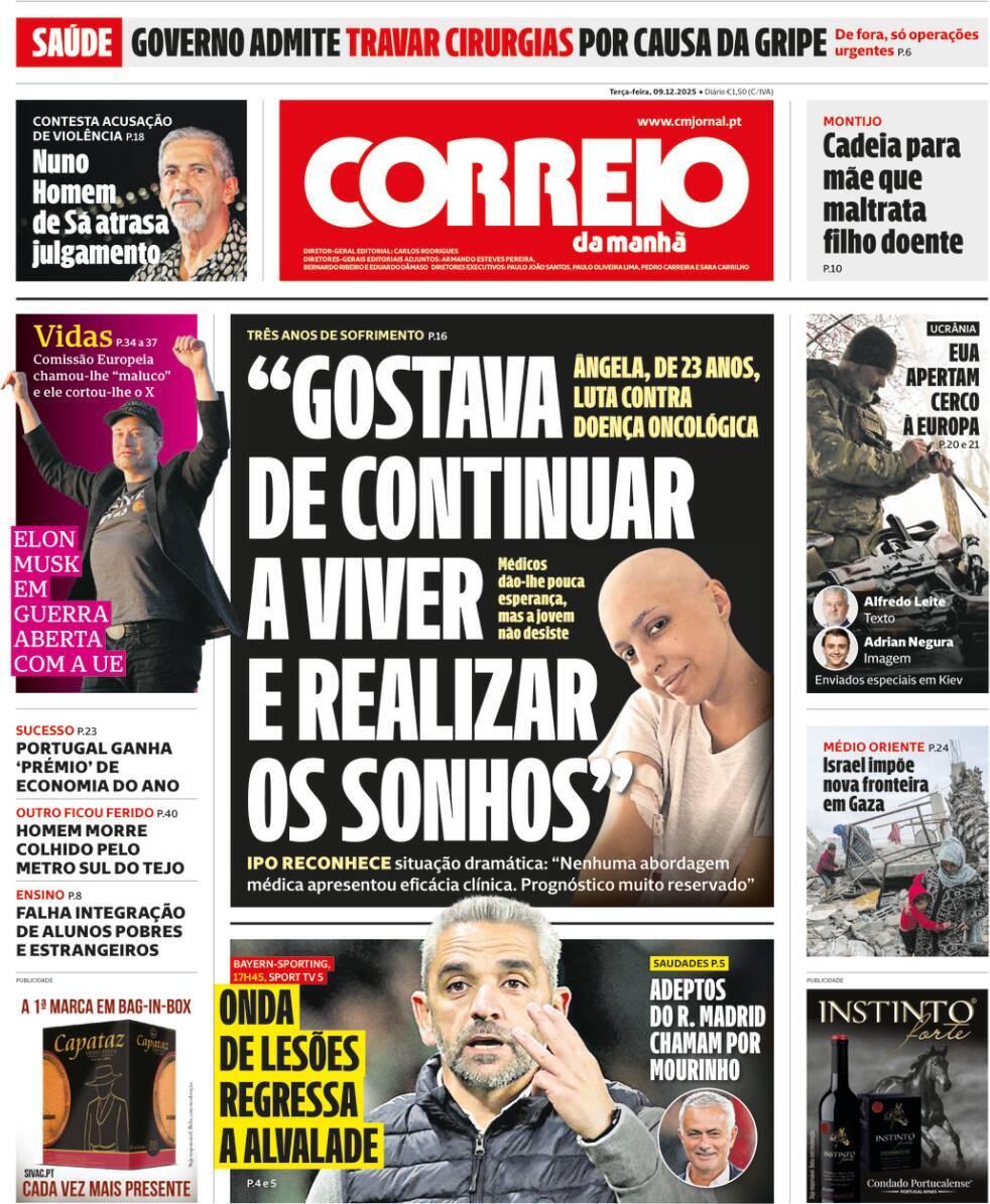 Correio da Manh&atilde;: Capa da Edi&ccedil;&atilde;o de ter&ccedil;a-feira, 09 de dezembro 2025