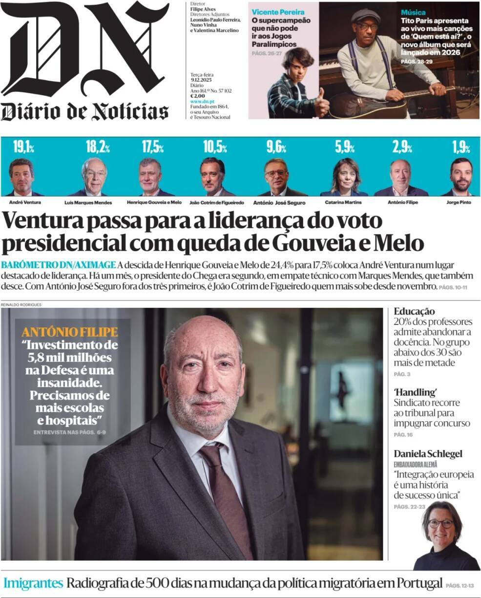 Di&aacute;rio de Not&iacute;cias: Capa da Edi&ccedil;&atilde;o de ter&ccedil;a-feira, 09 de dezembro 2025