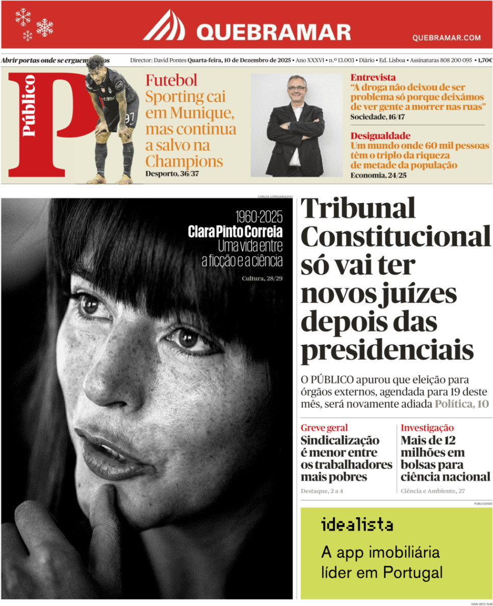 P&uacute;blico: Capa da Edi&ccedil;&atilde;o de quarta-feira, 10 de dezembro 2025