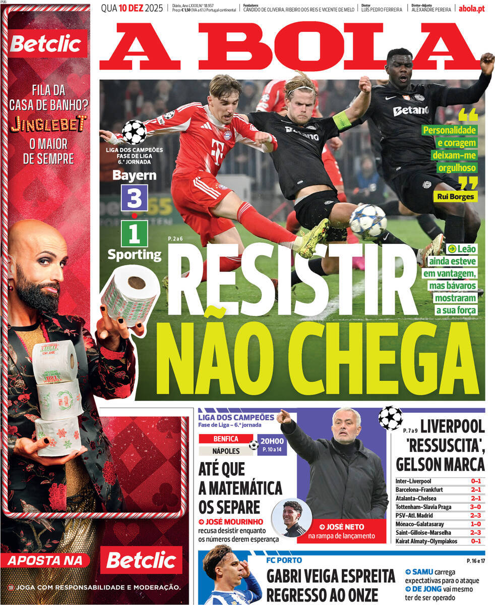 A Bola: Capa da Edi&ccedil;&atilde;o de quarta-feira, 10 de dezembro 2025
