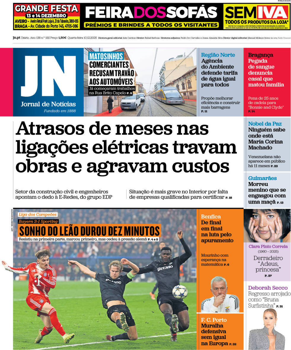 Jornal de Not&iacute;cias: Capa da Edi&ccedil;&atilde;o de quarta-feira, 10 de dezembro 2025