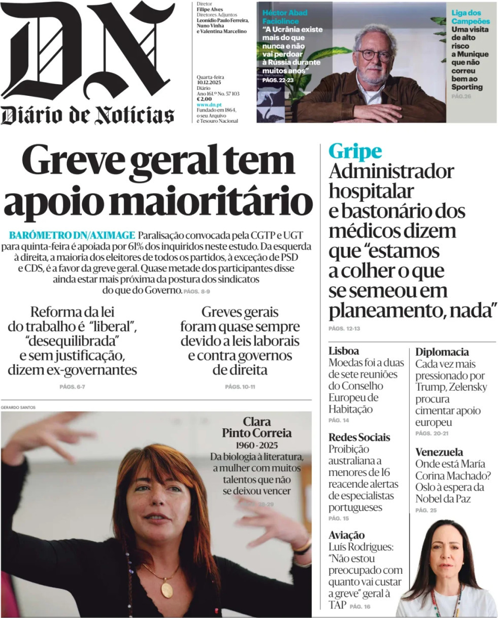 Di&aacute;rio de Not&iacute;cias: Capa da Edi&ccedil;&atilde;o de quarta-feira, 10 de dezembro 2025