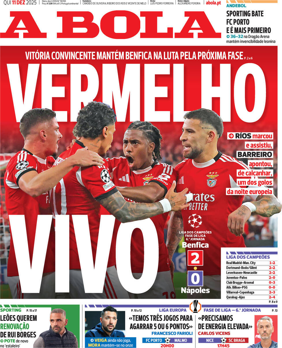 A Bola: Capa da Edi&ccedil;&atilde;o de quinta-feira, 11 de dezembro 2025
