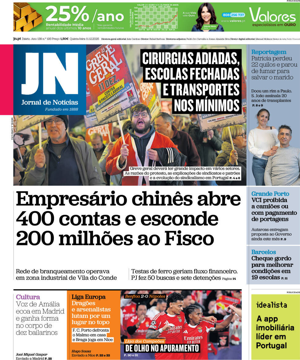 Jornal de Not&iacute;cias: Capa da Edi&ccedil;&atilde;o de quinta-feira, 11 de dezembro 2025