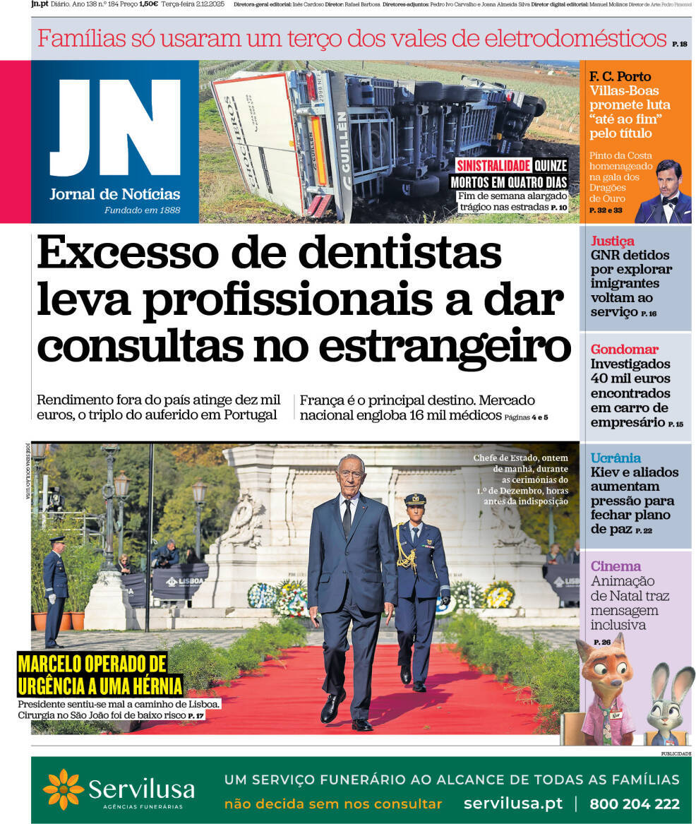 Jornal de Not&iacute;cias: Capa da Edi&ccedil;&atilde;o de ter&ccedil;a-feira, 02 de dezembro 2025