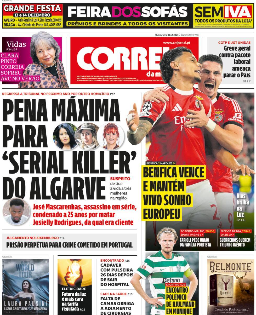 Correio da Manh&atilde;: Capa da Edi&ccedil;&atilde;o de quinta-feira, 11 de dezembro 2025
