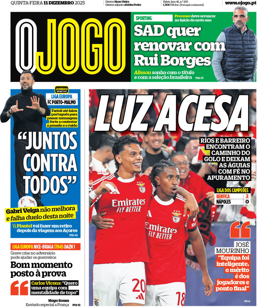 O Jogo: Capa da Edi&ccedil;&atilde;o de quinta-feira, 11 de dezembro 2025