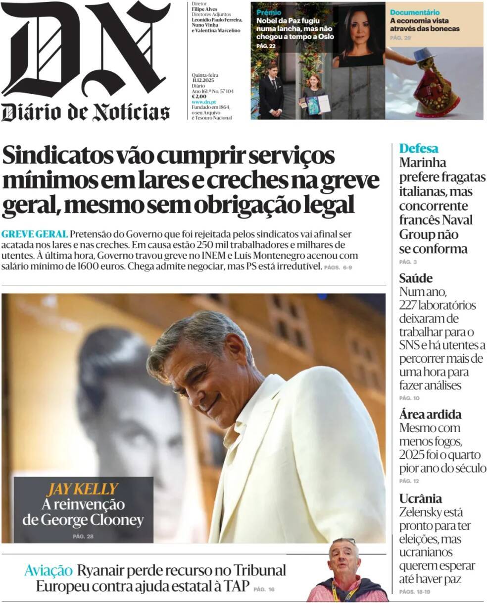 Di&aacute;rio de Not&iacute;cias: Capa da Edi&ccedil;&atilde;o de quinta-feira, 11 de dezembro 2025