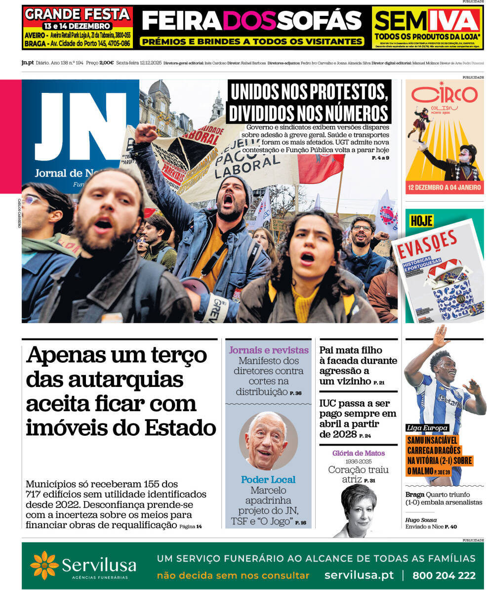 Jornal de Not&iacute;cias: Capa da Edi&ccedil;&atilde;o de sexta-feira, 12 de dezembro 2025