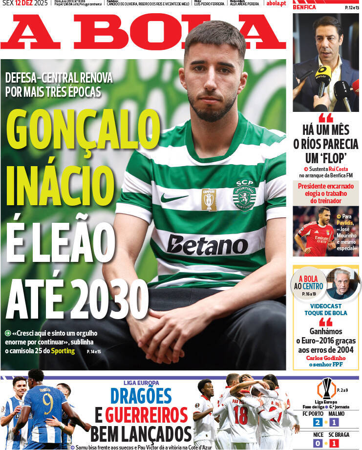 A Bola: Capa da Edi&ccedil;&atilde;o de sexta-feira, 12 de dezembro 2025