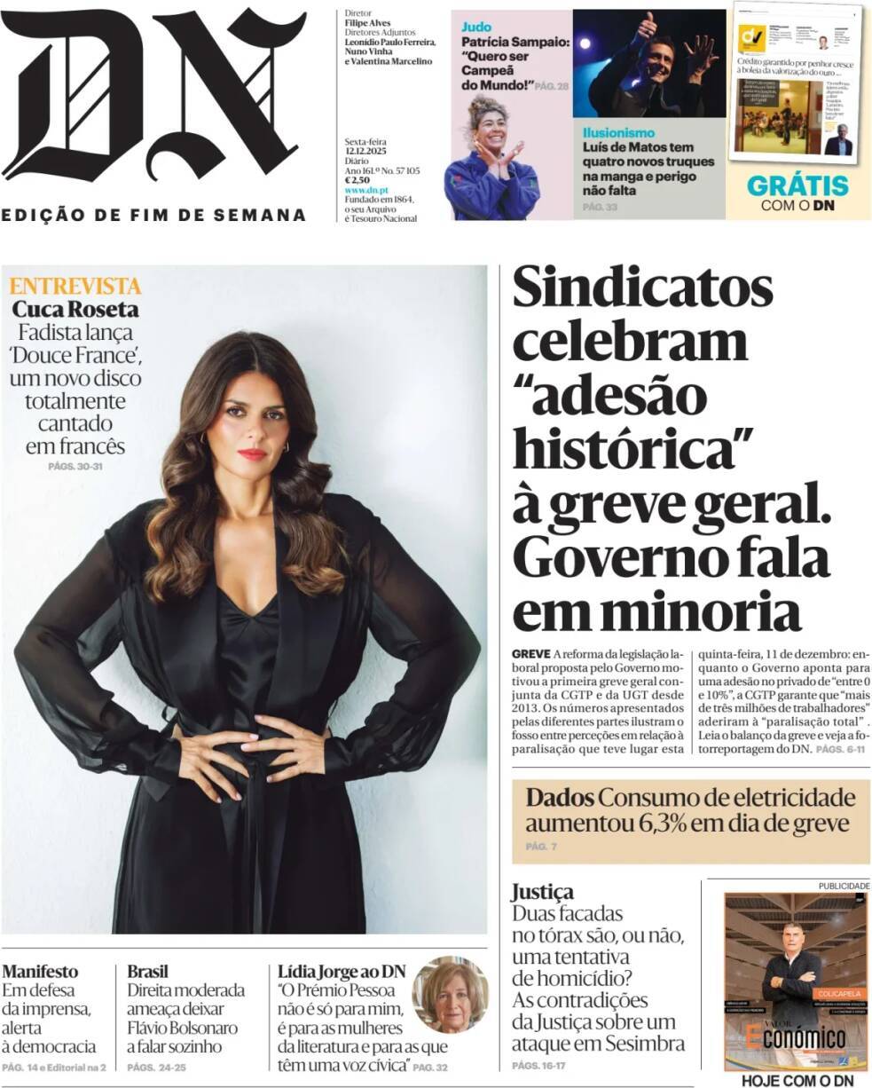 Di&aacute;rio de Not&iacute;cias: Capa da Edi&ccedil;&atilde;o de sexta-feira, 12 de dezembro 2025