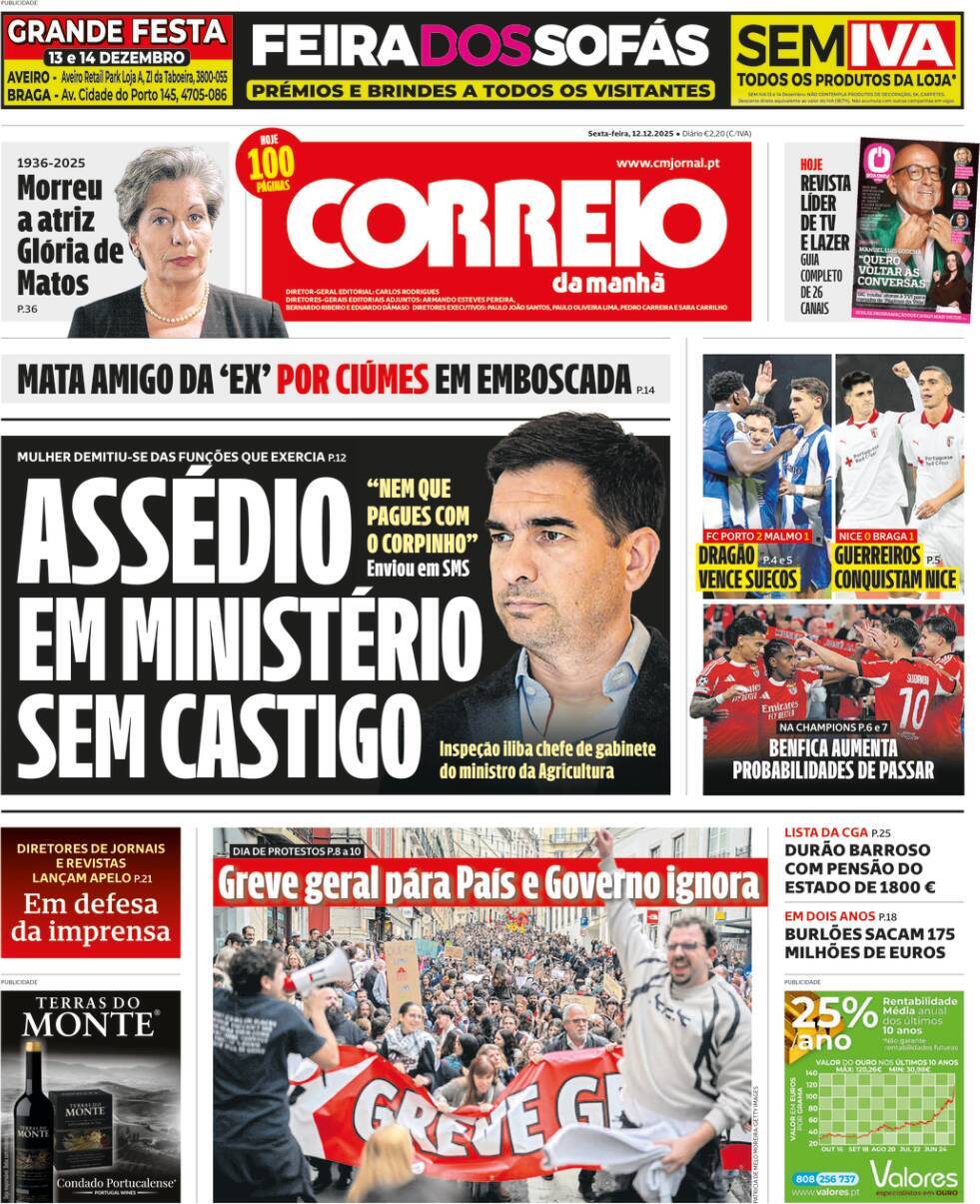 Correio da Manh&atilde;: Capa da Edi&ccedil;&atilde;o de sexta-feira, 12 de dezembro 2025