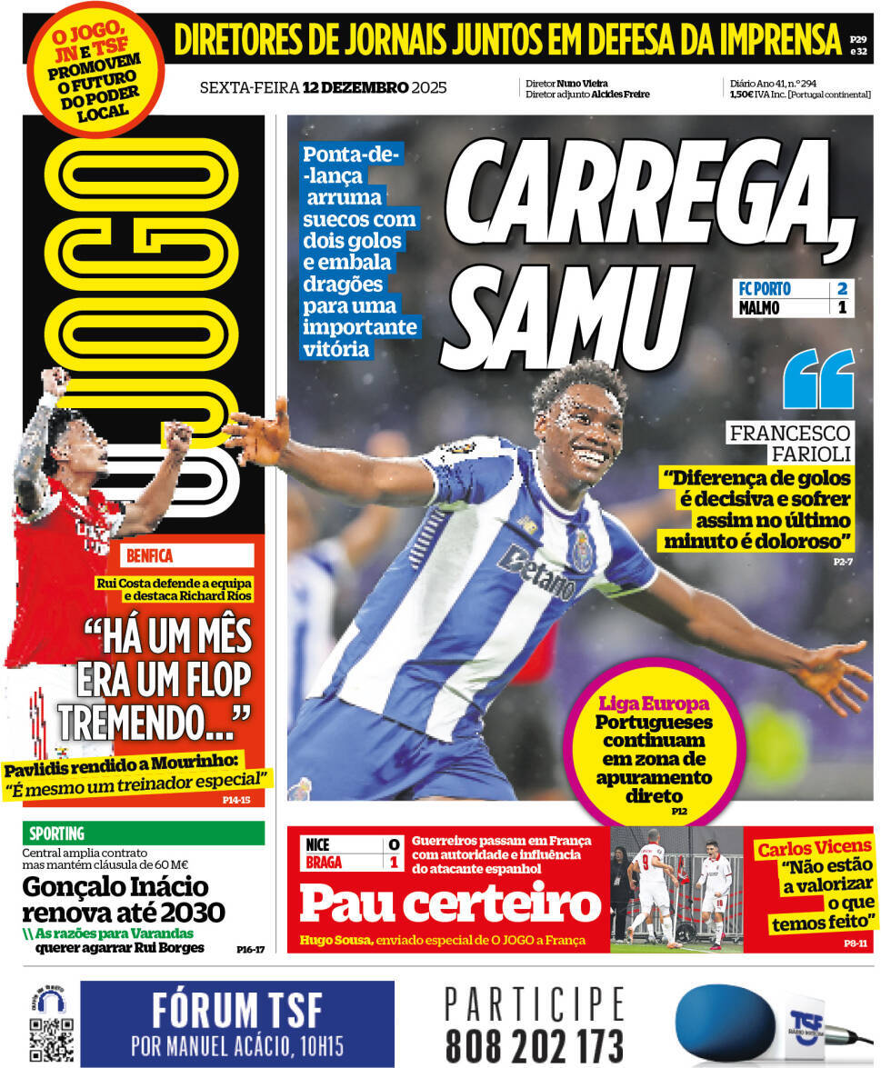 O Jogo: Capa da Edi&ccedil;&atilde;o de sexta-feira, 12 de dezembro 2025