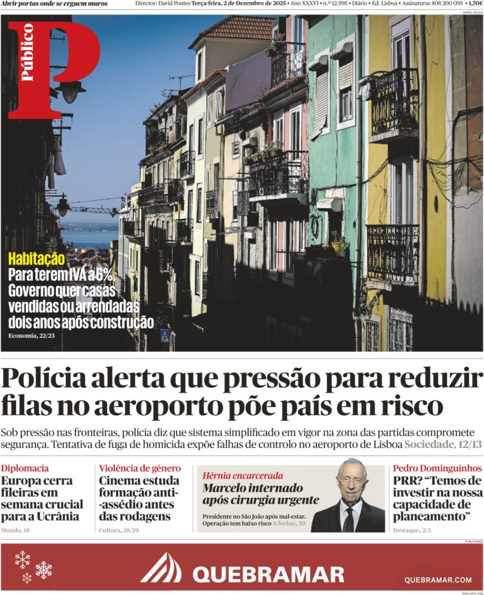 P&uacute;blico: Capa da Edi&ccedil;&atilde;o de ter&ccedil;a-feira, 02 de dezembro 2025