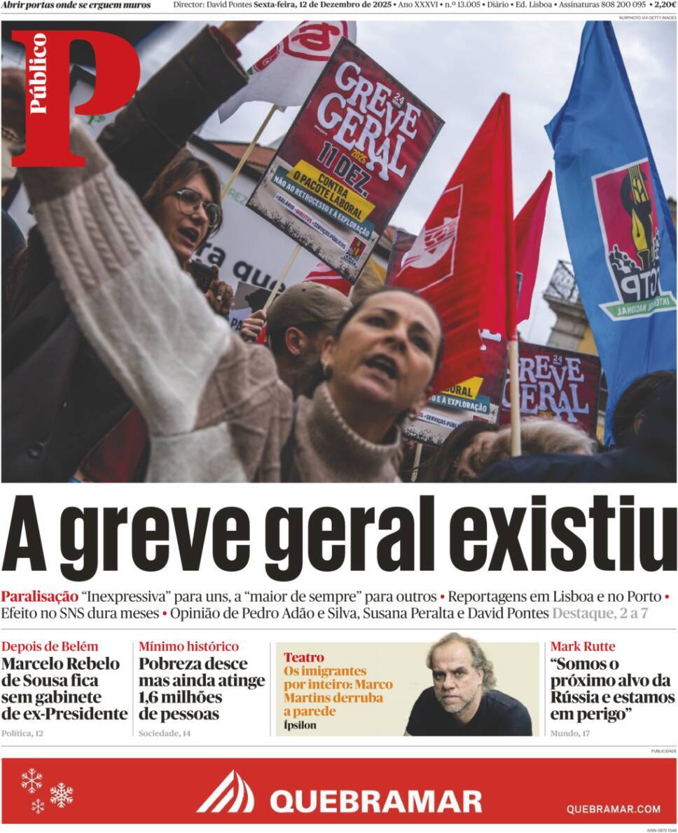 P&uacute;blico: Capa da Edi&ccedil;&atilde;o de sexta-feira, 12 de dezembro 2025