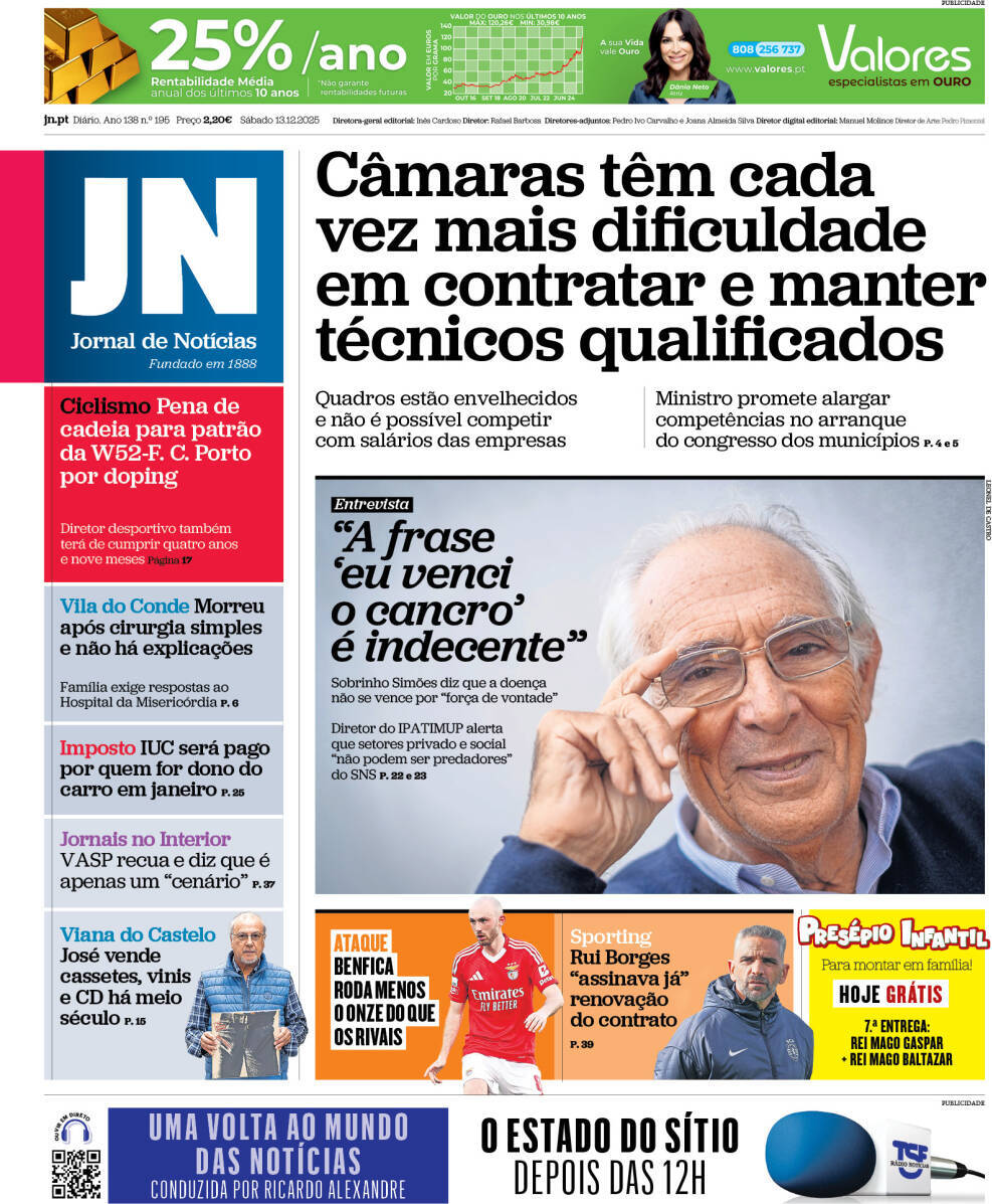 Jornal de Not&iacute;cias: Capa da Edi&ccedil;&atilde;o de s&aacute;bado, 13 de dezembro 2025