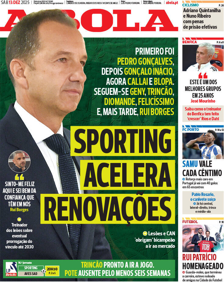 A Bola: Capa da Edi&ccedil;&atilde;o de s&aacute;bado, 13 de dezembro 2025