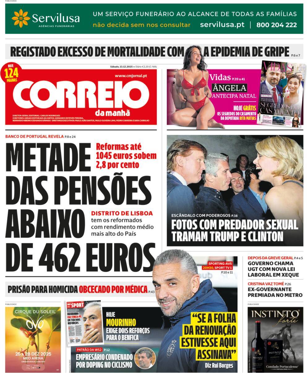 Correio da Manh&atilde;: Capa da Edi&ccedil;&atilde;o de s&aacute;bado, 13 de dezembro 2025