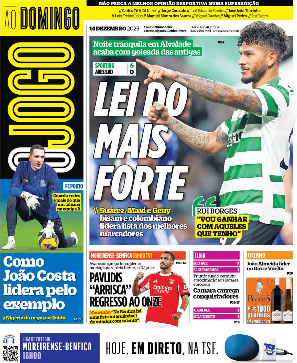 O Jogo: Capa da Edi&ccedil;&atilde;o de domingo, 14 de dezembro 2025