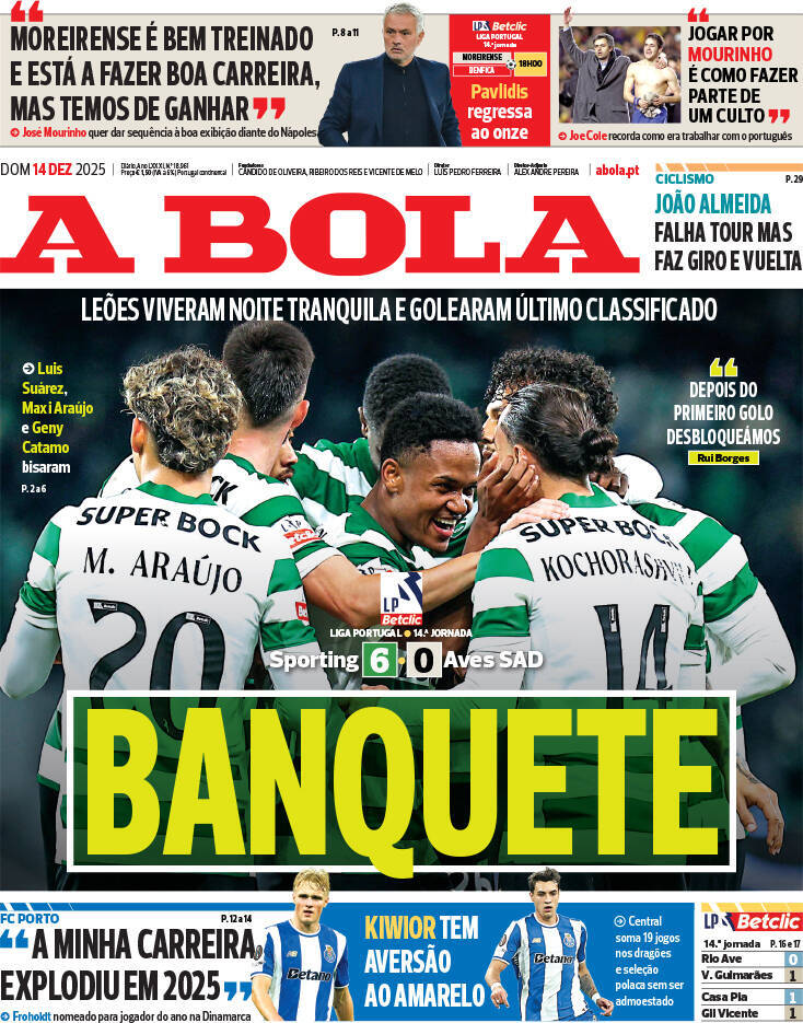 A Bola: Capa da Edi&ccedil;&atilde;o de domingo, 14 de dezembro 2025