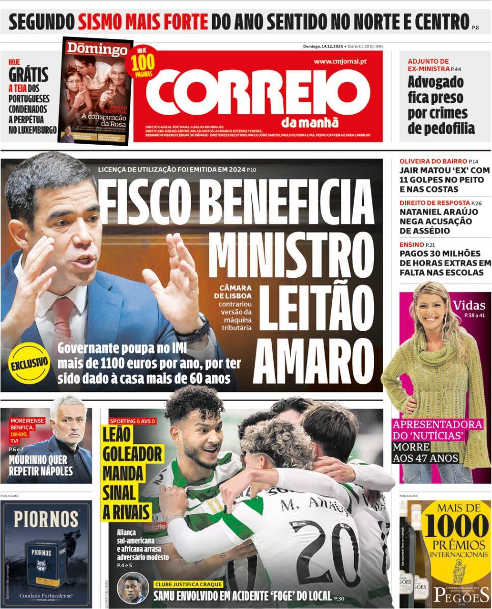 Correio da Manh&atilde;: Capa da Edi&ccedil;&atilde;o de domingo, 14 de dezembro 2025