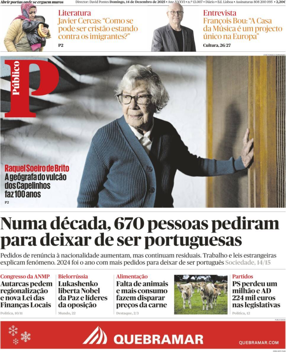P&uacute;blico: Capa da Edi&ccedil;&atilde;o de domingo, 14 de dezembro 2025