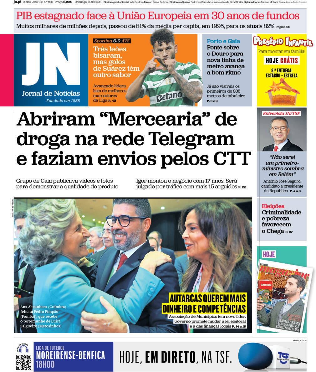 Jornal de Not&iacute;cias: Capa da Edi&ccedil;&atilde;o de domingo, 14 de dezembro 2025