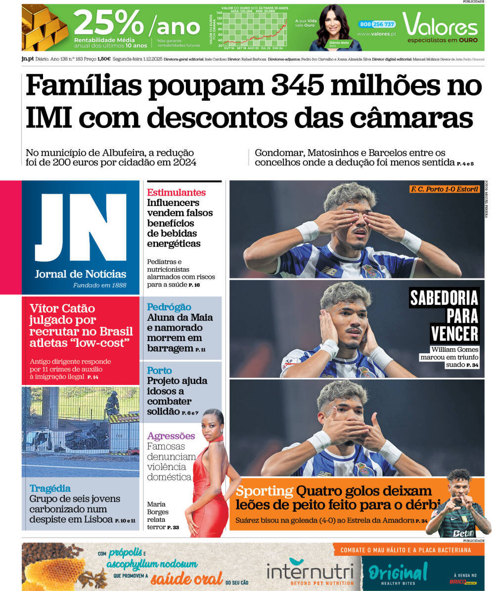 Jornal de Not&iacute;cias: Capa da Edi&ccedil;&atilde;o de segunda-feira, 01 de dezembro 2025