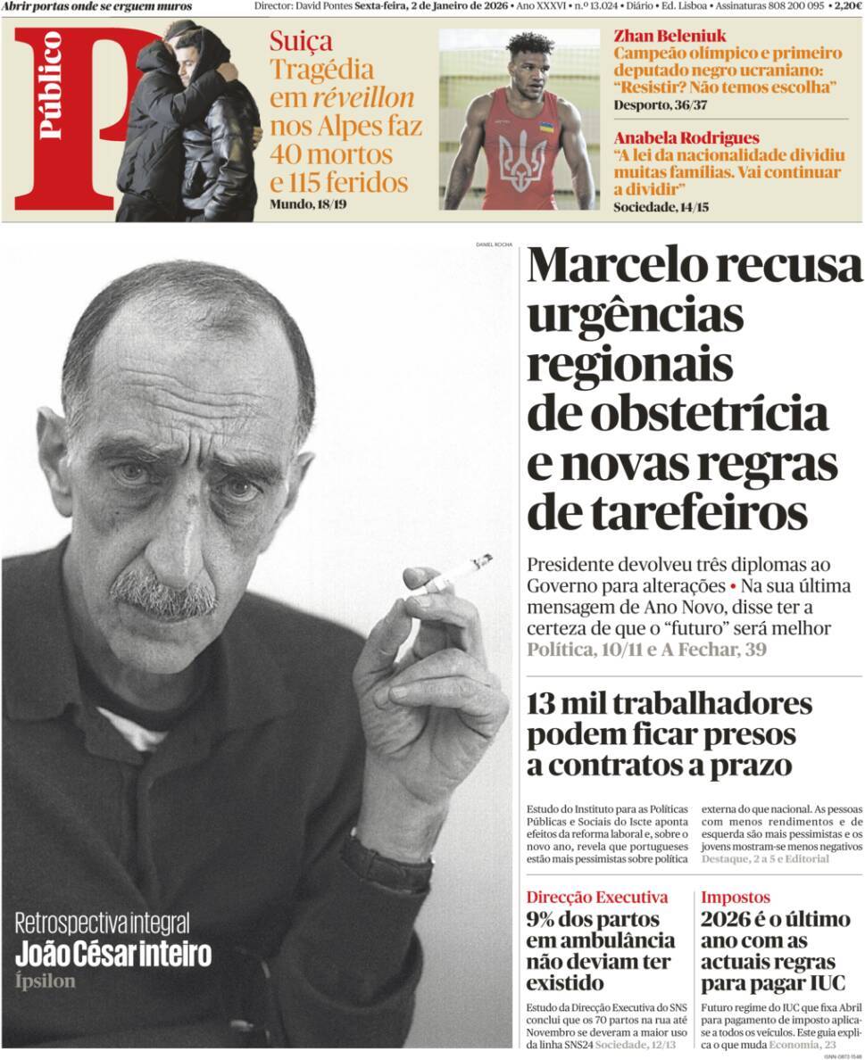 P&uacute;blico: Capa da Edi&ccedil;&atilde;o de sexta-feira, 02 de janeiro 2026