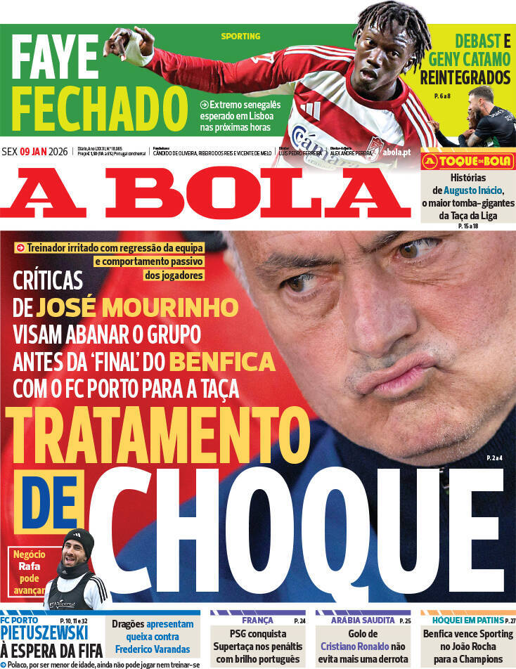 A Bola: Capa da Edi&ccedil;&atilde;o de sexta-feira, 09 de janeiro 2026