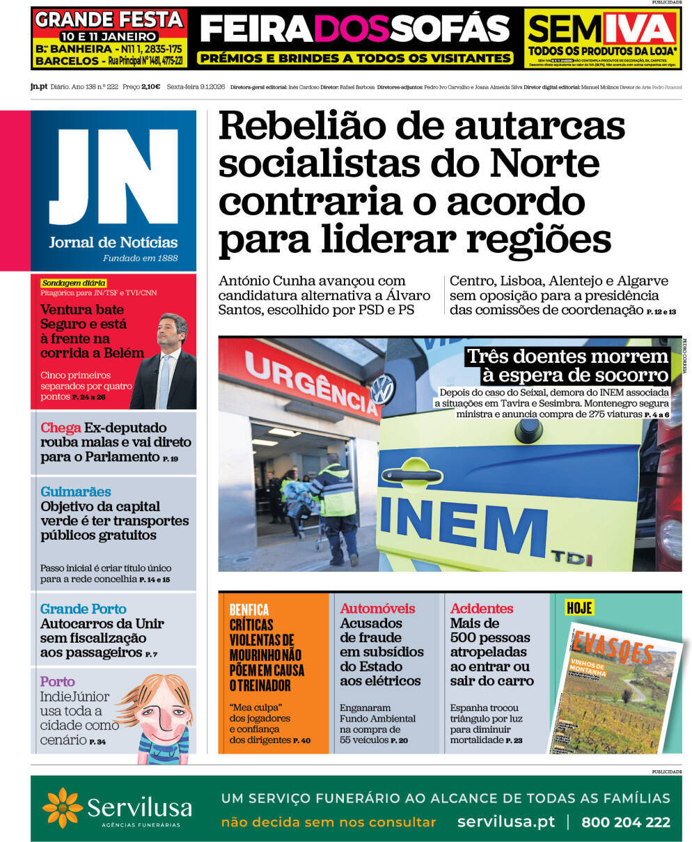 Jornal de Not&iacute;cias: Capa da Edi&ccedil;&atilde;o de sexta-feira, 09 de janeiro 2026