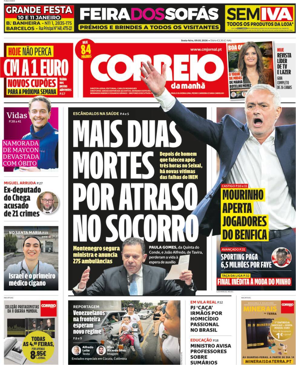 Correio da Manh&atilde;: Capa da Edi&ccedil;&atilde;o de sexta-feira, 09 de janeiro 2026