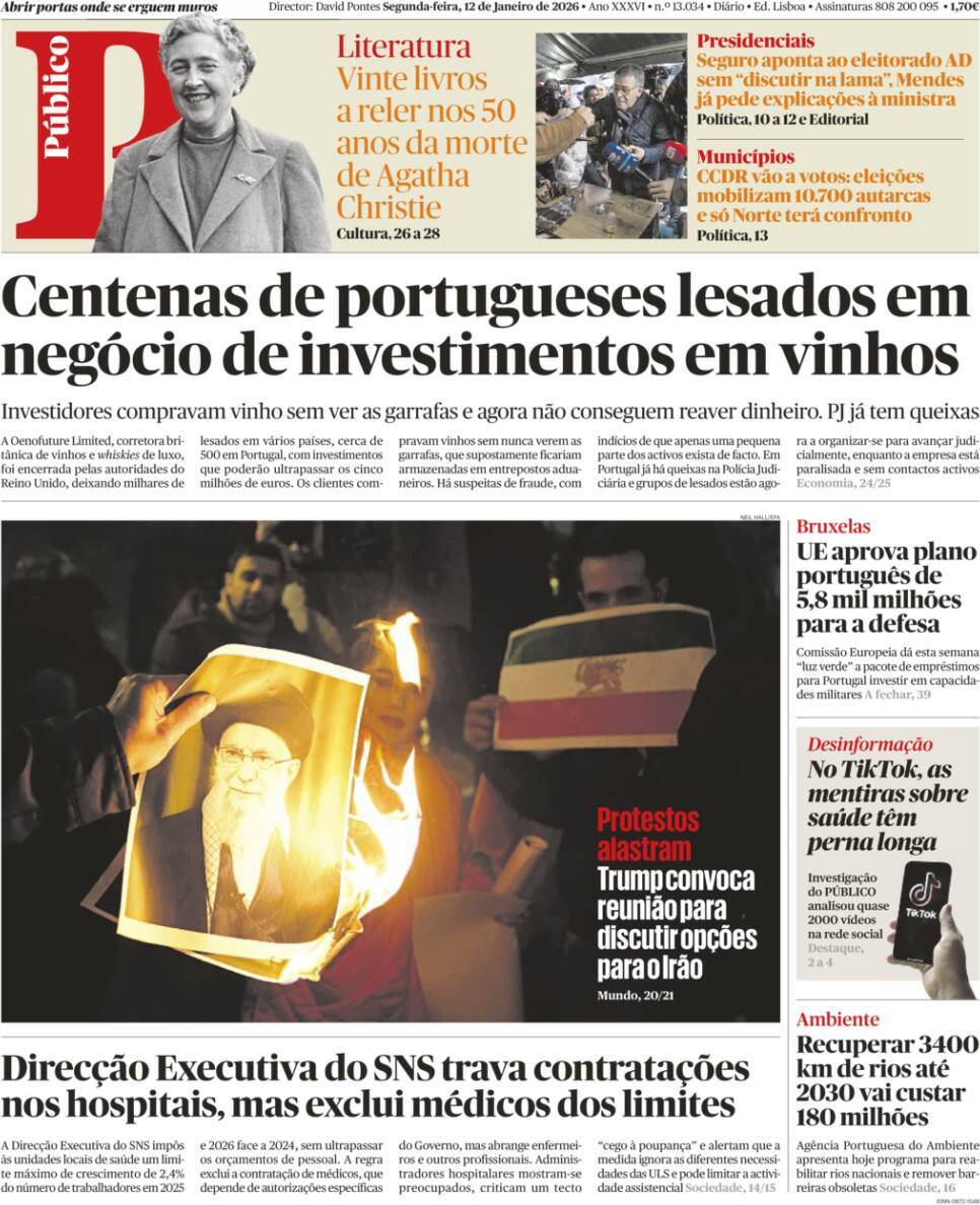 P&uacute;blico: Capa da Edi&ccedil;&atilde;o de segunda-feira, 12 de janeiro 2026