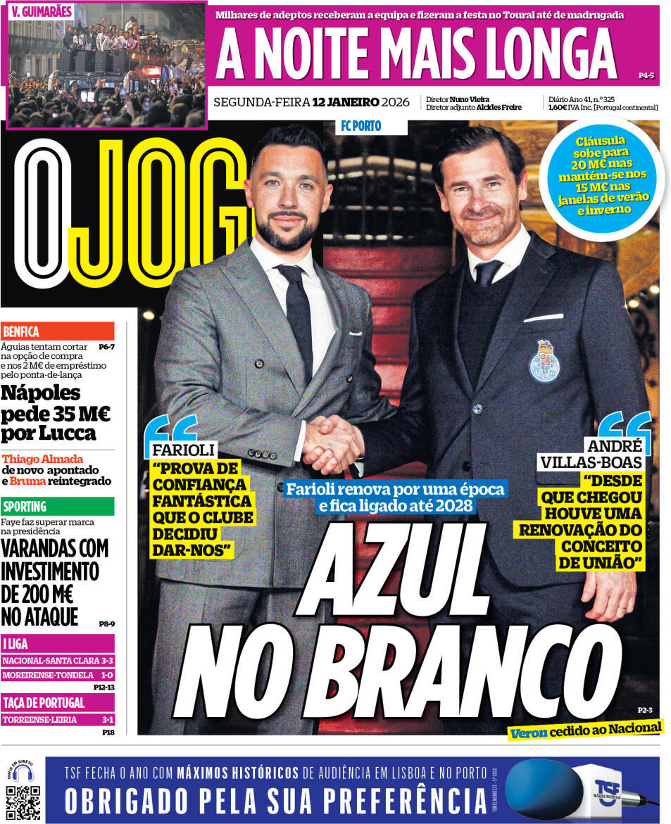 O Jogo: Capa da Edi&ccedil;&atilde;o de segunda-feira, 12 de janeiro 2026