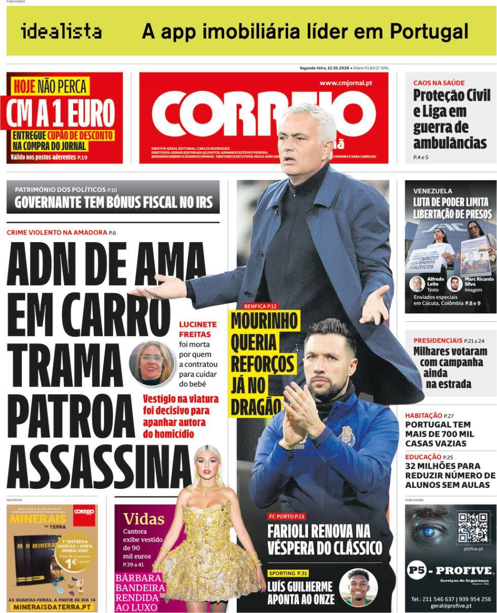 Correio da Manh&atilde;: Capa da Edi&ccedil;&atilde;o de segunda-feira, 12 de janeiro 2026