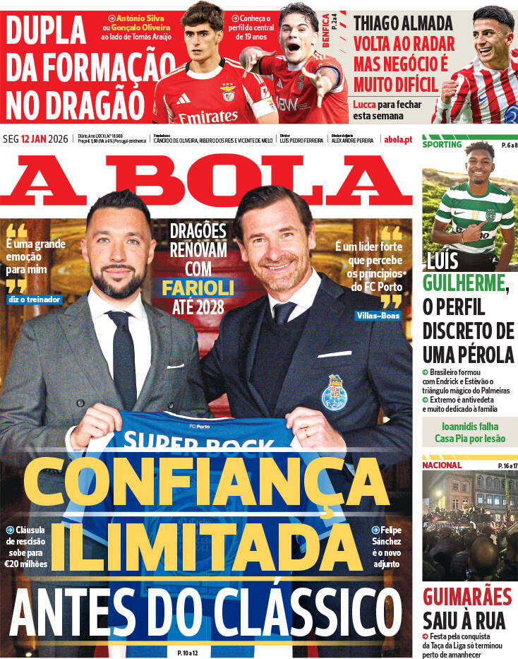 A Bola: Capa da Edi&ccedil;&atilde;o de segunda-feira, 12 de janeiro 2026