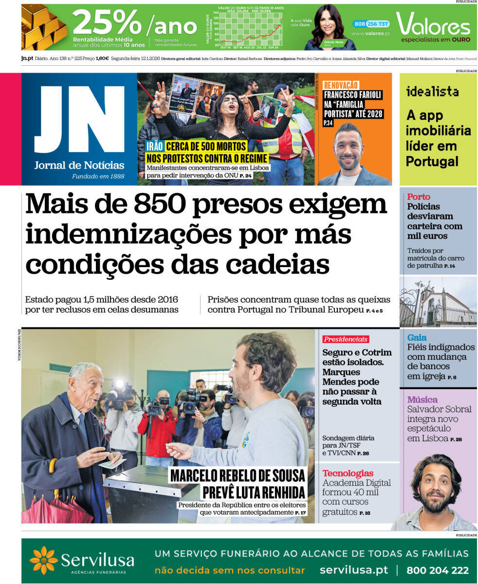 Jornal de Not&iacute;cias: Capa da Edi&ccedil;&atilde;o de segunda-feira, 12 de janeiro 2026