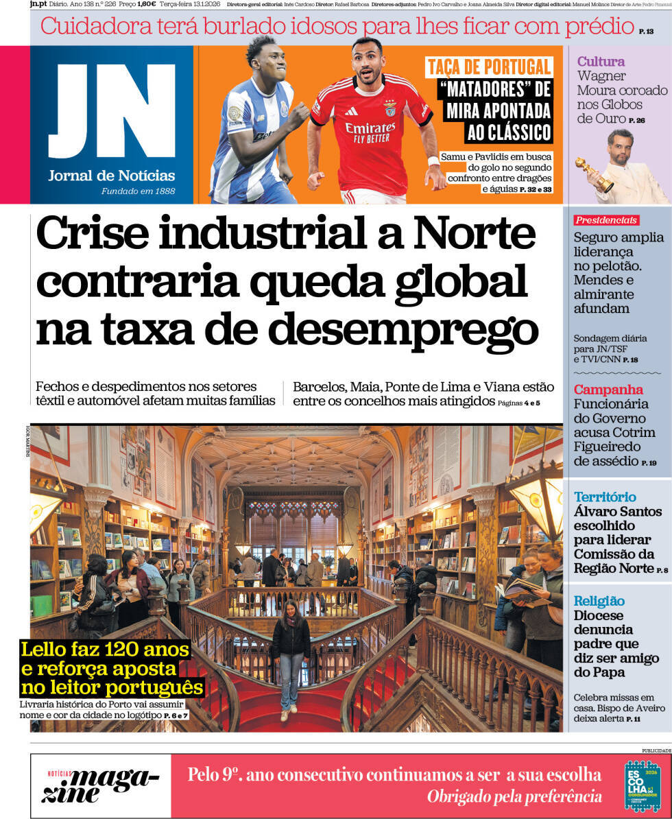 Jornal de Not&iacute;cias: Capa da Edi&ccedil;&atilde;o de ter&ccedil;a-feira, 13 de janeiro 2026