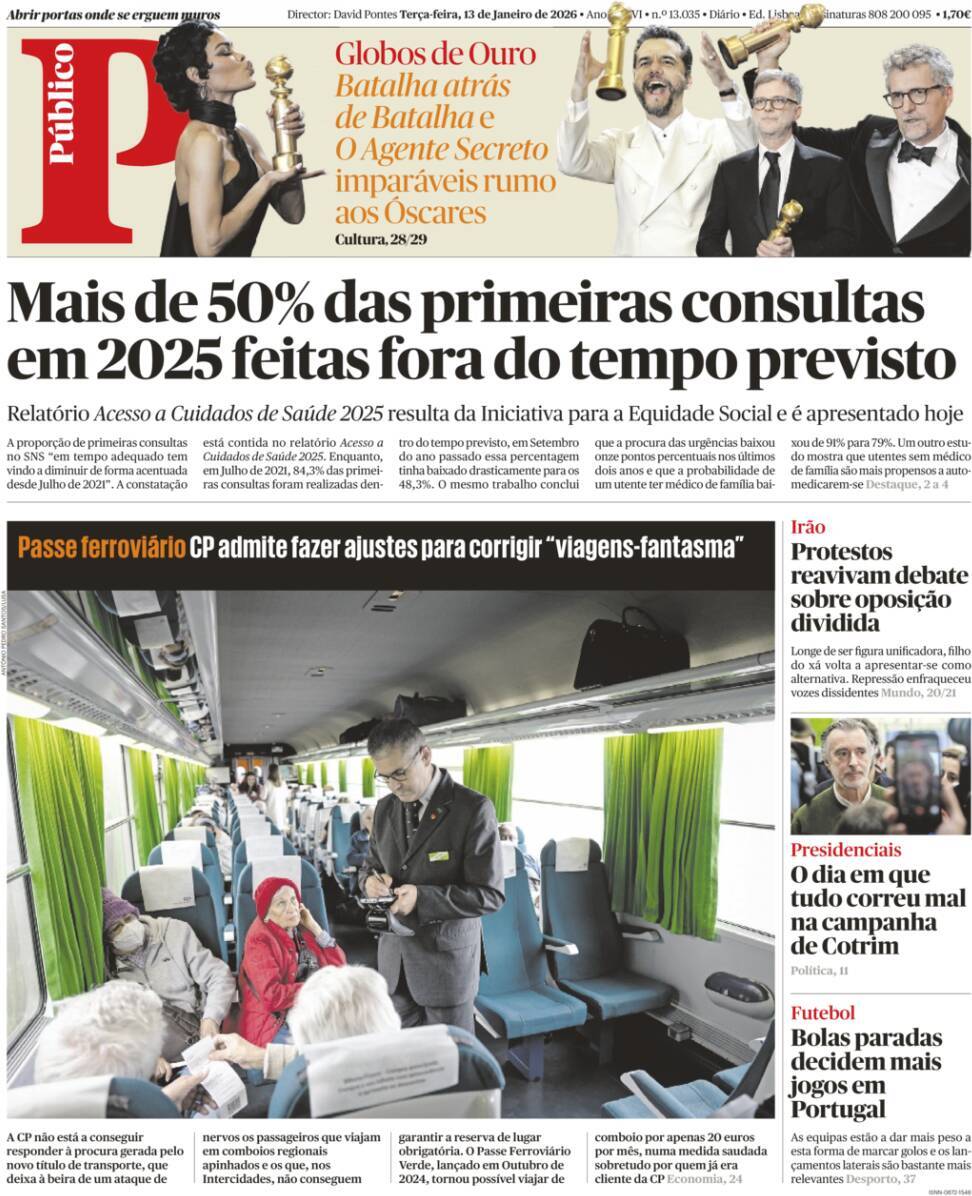 P&uacute;blico: Capa da Edi&ccedil;&atilde;o de ter&ccedil;a-feira, 13 de janeiro 2026