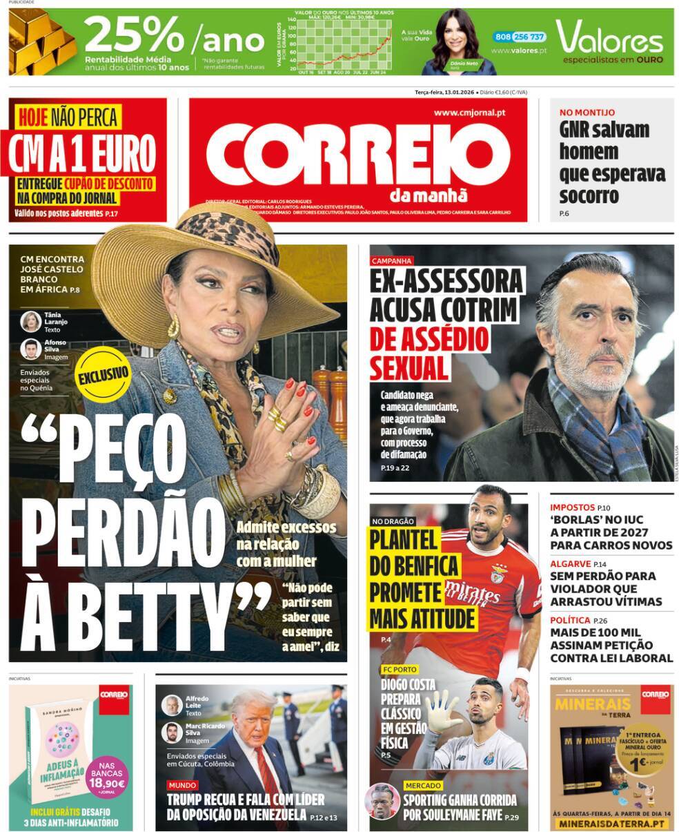 Correio da Manh&atilde;: Capa da Edi&ccedil;&atilde;o de ter&ccedil;a-feira, 13 de janeiro 2026