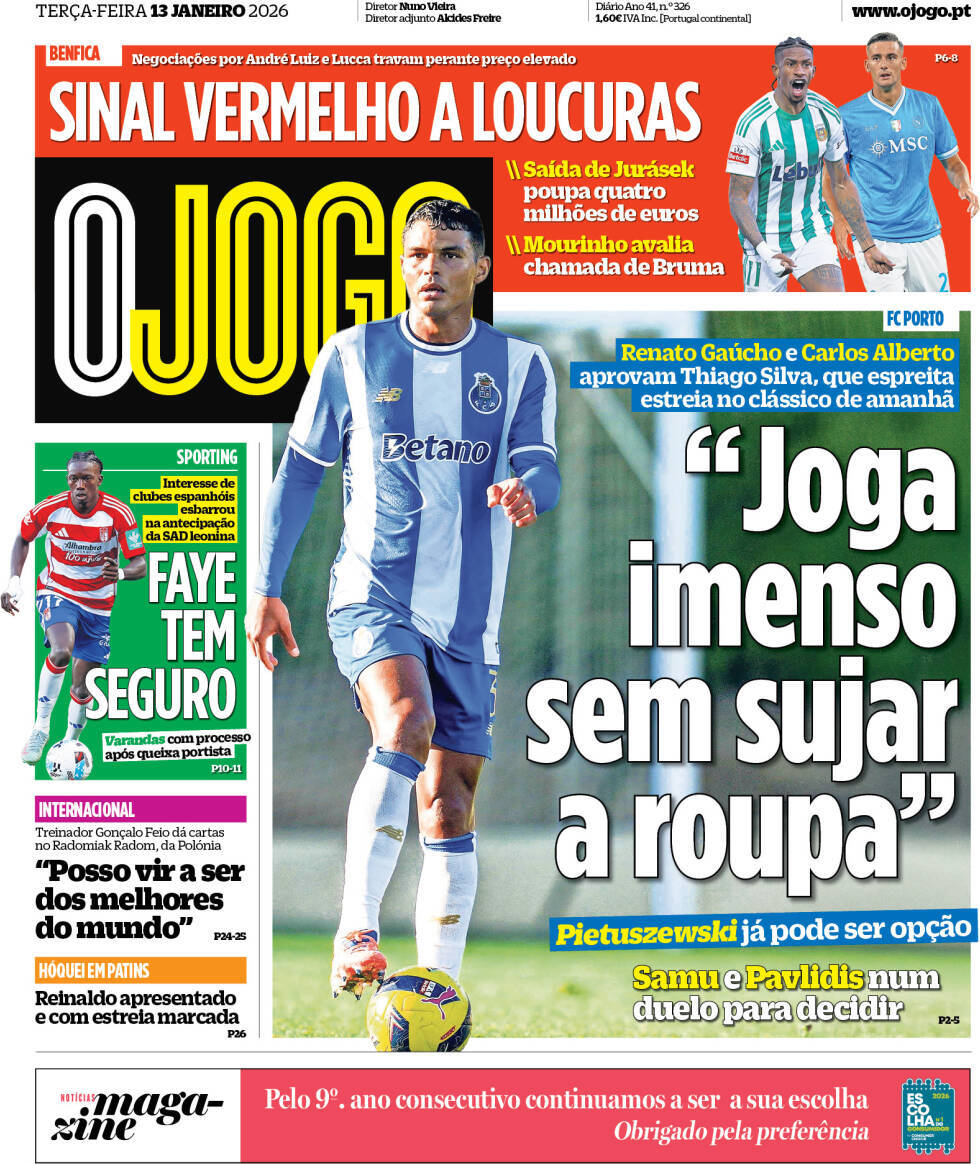 O Jogo: Capa da Edi&ccedil;&atilde;o de ter&ccedil;a-feira, 13 de janeiro 2026