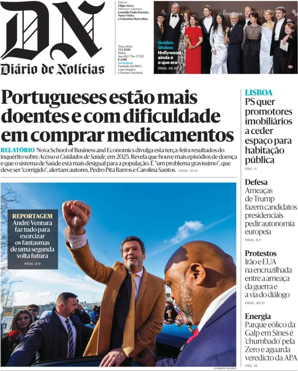 Di&aacute;rio de Not&iacute;cias: Capa da Edi&ccedil;&atilde;o de ter&ccedil;a-feira, 13 de janeiro 2026