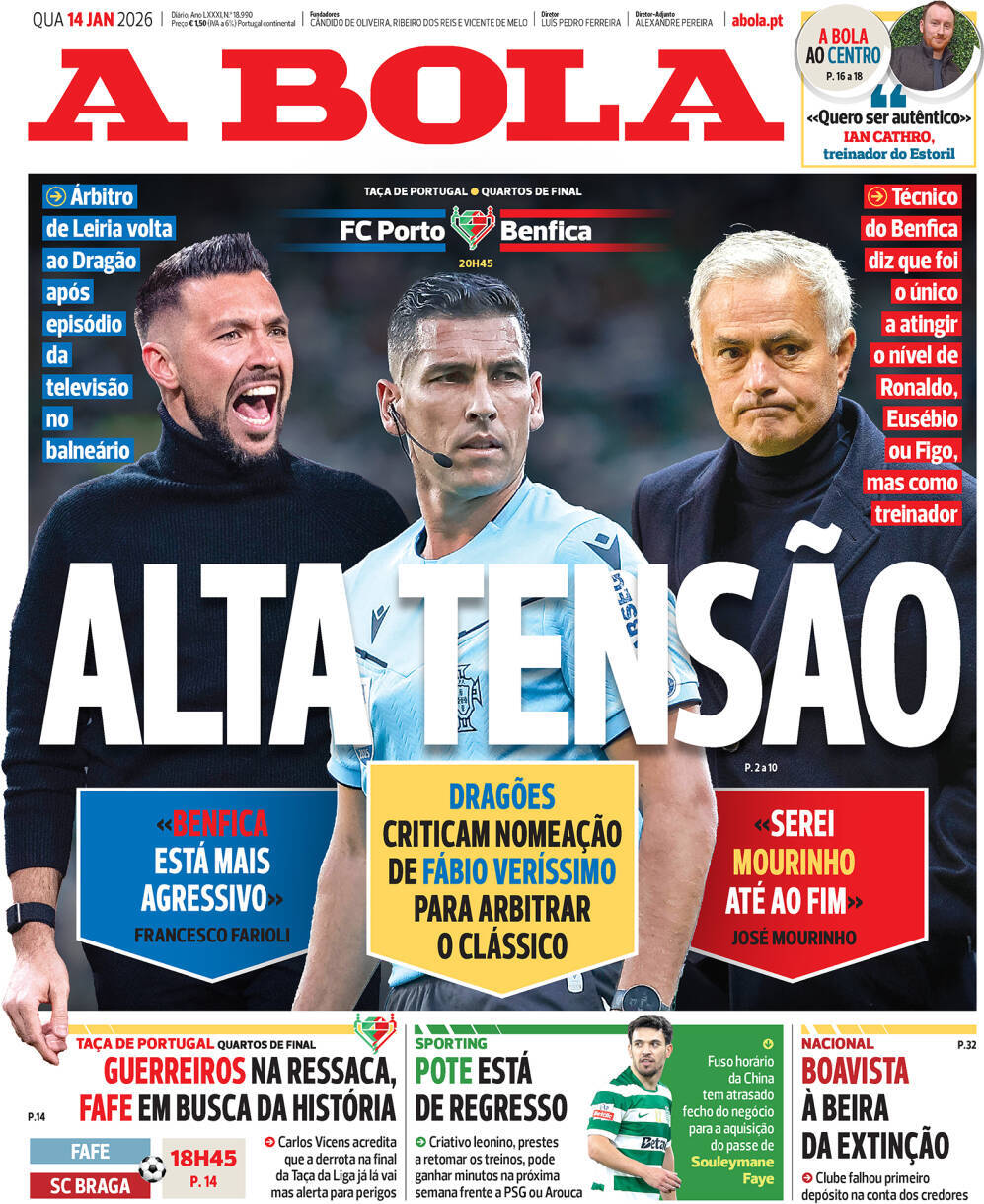 O Jogo: Capa da Edi&ccedil;&atilde;o de quarta-feira, 14 de janeiro 2026