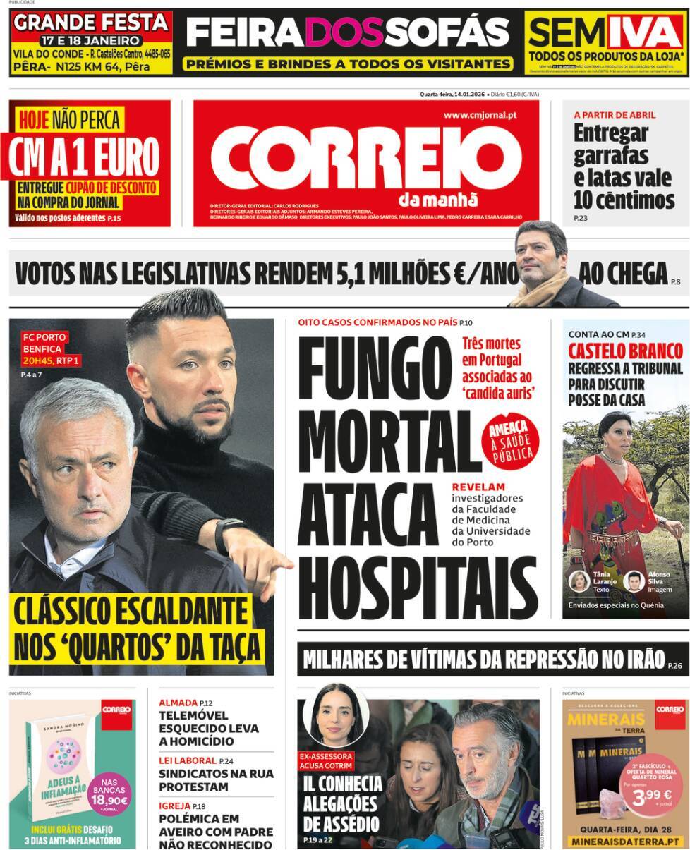 Correio da Manh&atilde;: Capa da Edi&ccedil;&atilde;o de quarta-feira, 14 de janeiro 2026