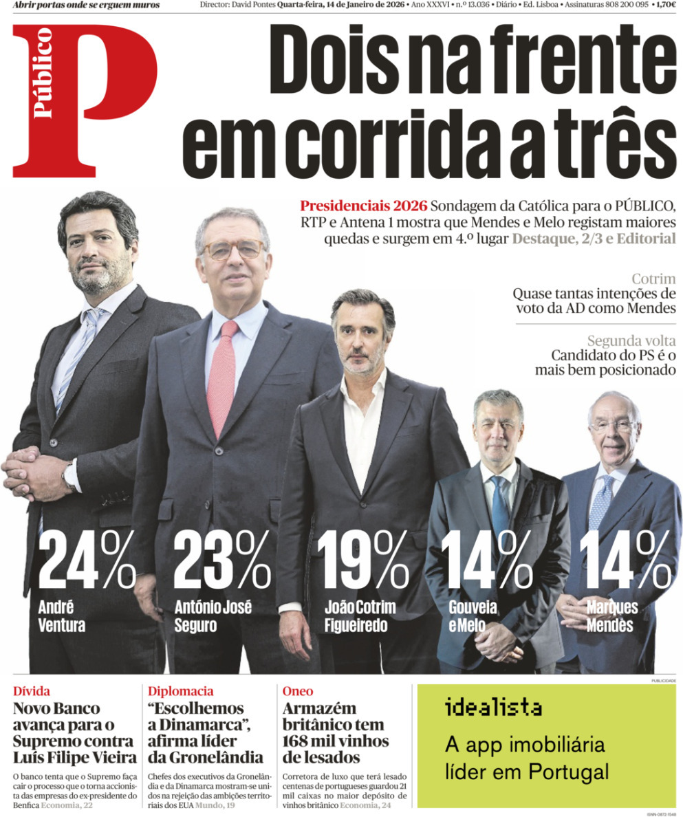 P&uacute;blico: Capa da Edi&ccedil;&atilde;o de quarta-feira, 14 de janeiro 2026