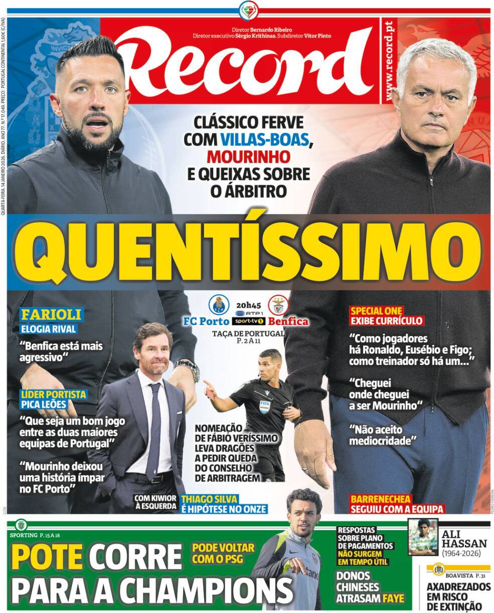 Record: Capa da Edi&ccedil;&atilde;o de quarta-feira, 14 de janeiro 2026